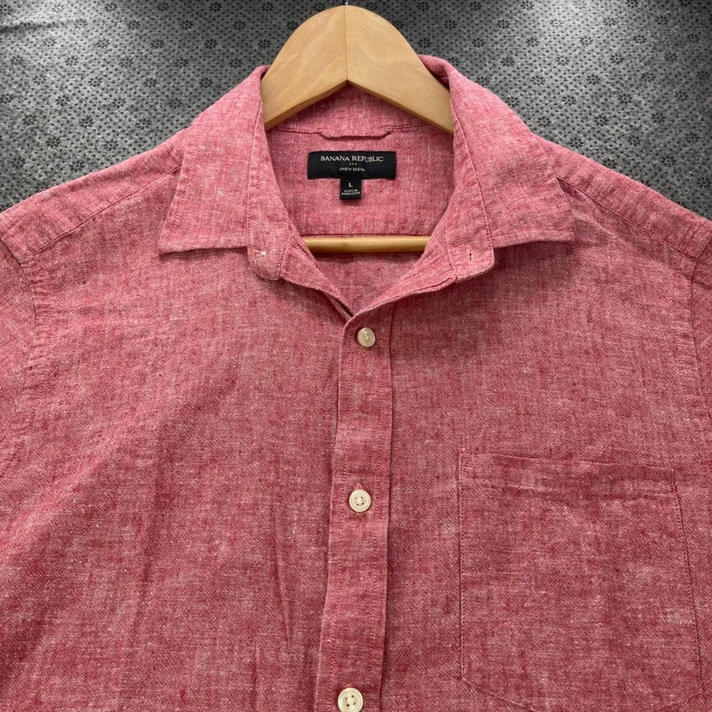 Banana Republic Mens Large Red Linen Blend Short Sleeve Button Up Shirt Pocket